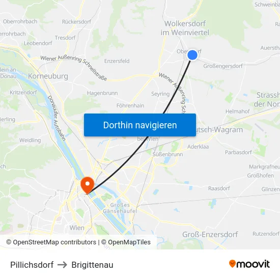 Pillichsdorf to Brigittenau map