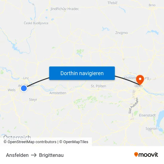 Ansfelden to Brigittenau map