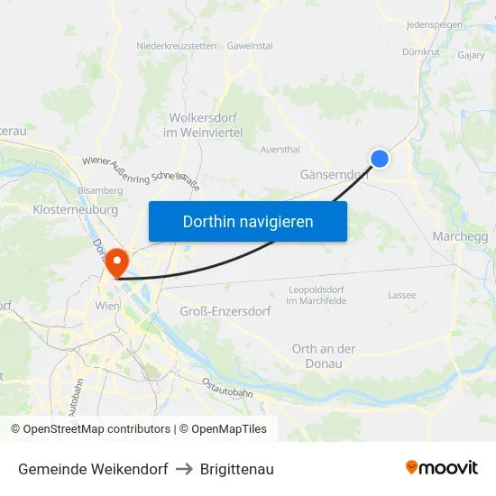 Gemeinde Weikendorf to Brigittenau map