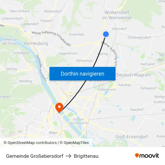 Gemeinde Großebersdorf to Brigittenau map