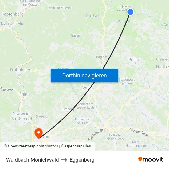 Waldbach-Mönichwald to Eggenberg map