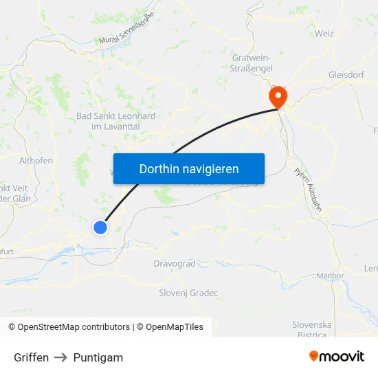 Griffen to Puntigam map