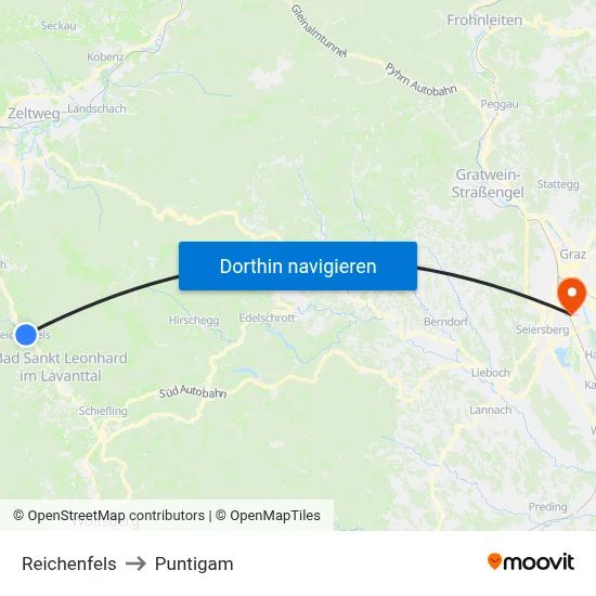 Reichenfels to Puntigam map