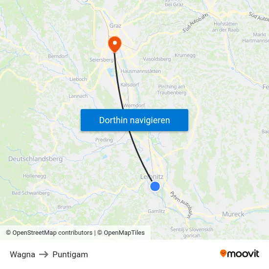 Wagna to Puntigam map