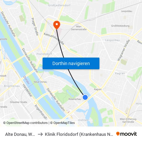 Alte Donau, Wien to Klinik Floridsdorf (Krankenhaus Nord) map