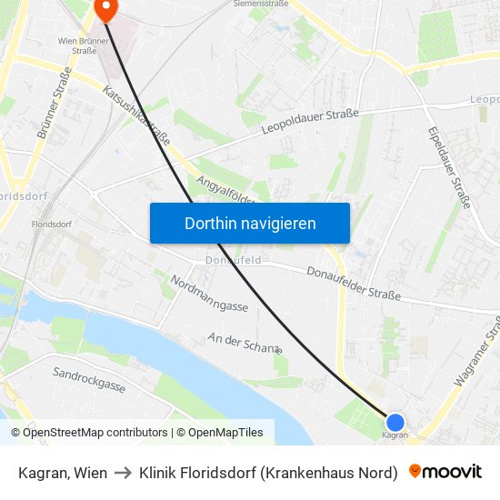 Kagran, Wien to Klinik Floridsdorf (Krankenhaus Nord) map