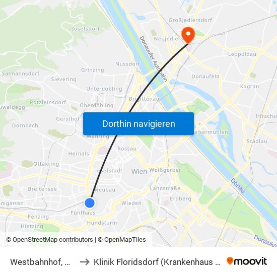 Westbahnhof, Wien to Klinik Floridsdorf (Krankenhaus Nord) map