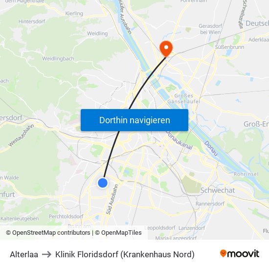 Alterlaa to Klinik Floridsdorf (Krankenhaus Nord) map