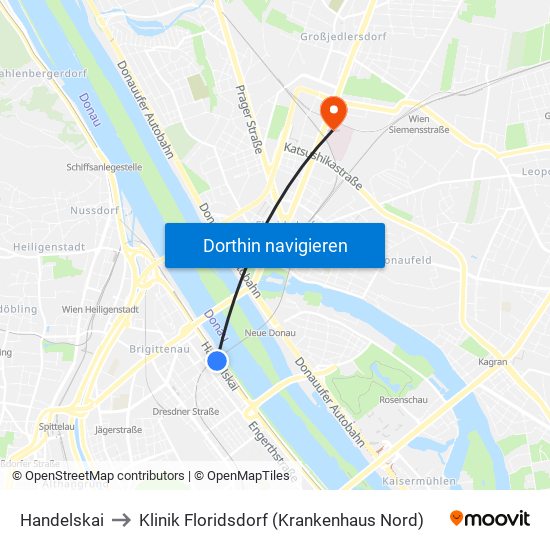 Handelskai to Klinik Floridsdorf (Krankenhaus Nord) map