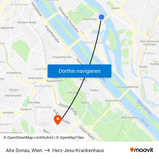 Alte Donau, Wien to Herz-Jesu-Krankenhaus map