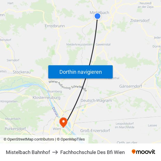 Mistelbach Bahnhof to Fachhochschule Des Bfi Wien map