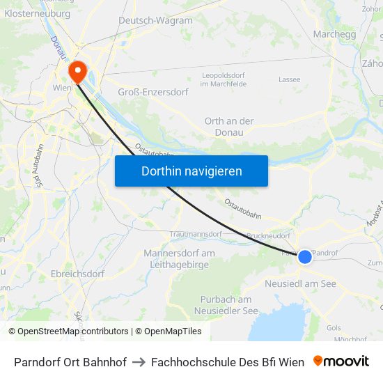 Parndorf Ort Bahnhof to Fachhochschule Des Bfi Wien map