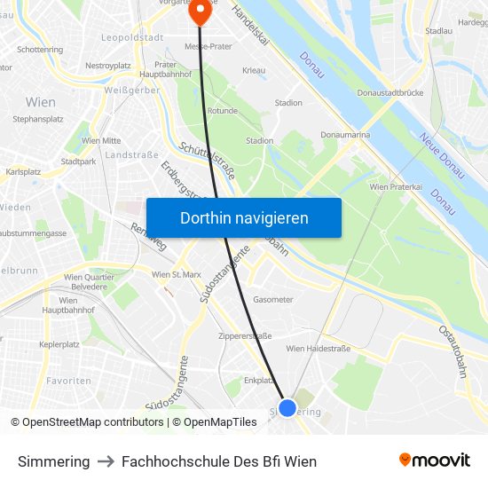 Simmering to Fachhochschule Des Bfi Wien map
