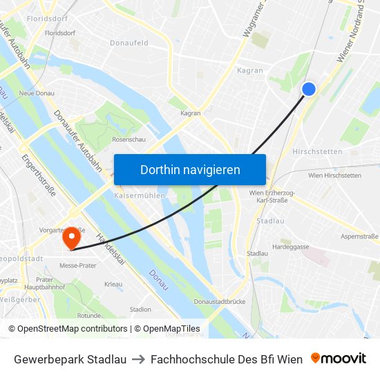 Gewerbepark Stadlau to Fachhochschule Des Bfi Wien map