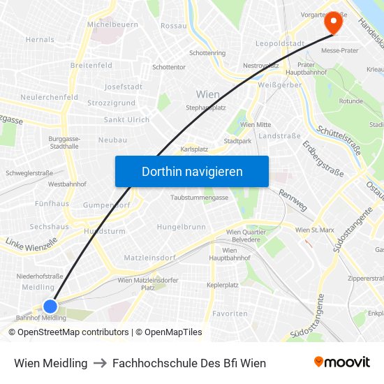 Wien Meidling to Fachhochschule Des Bfi Wien map