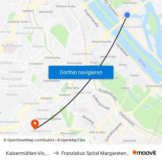 Kaisermühlen-Vic, Wien to Franziskus Spital Margareten Gmbh map