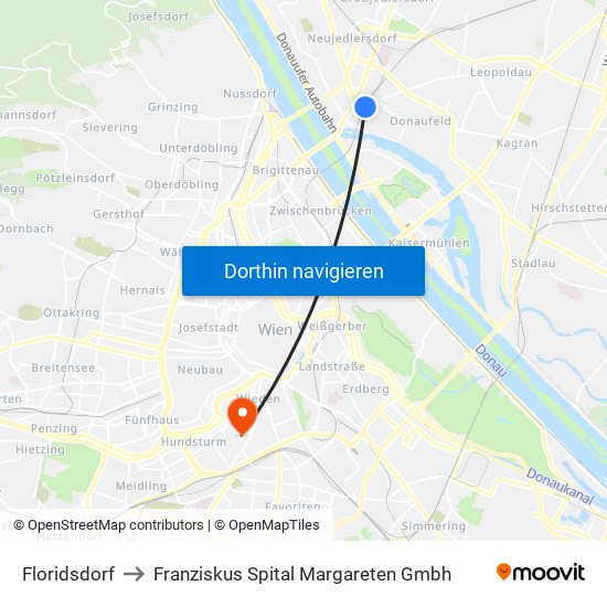 Floridsdorf to Franziskus Spital Margareten Gmbh map