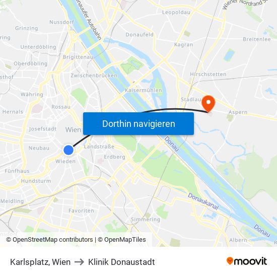 Karlsplatz, Wien to Klinik Donaustadt map