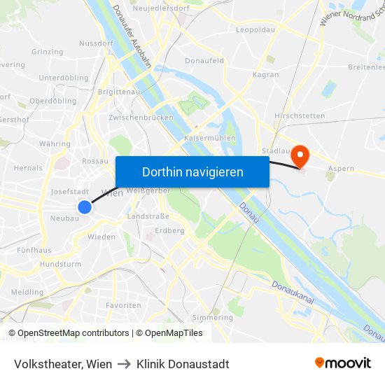 Volkstheater, Wien to Klinik Donaustadt map