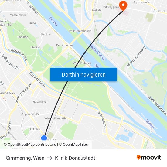 Simmering, Wien to Klinik Donaustadt map