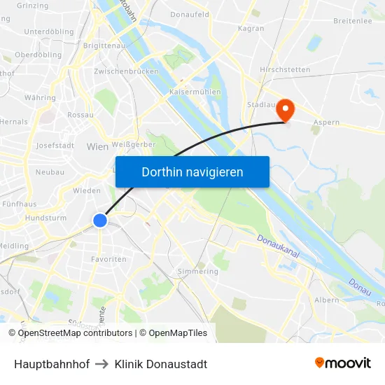 Hauptbahnhof to Klinik Donaustadt map