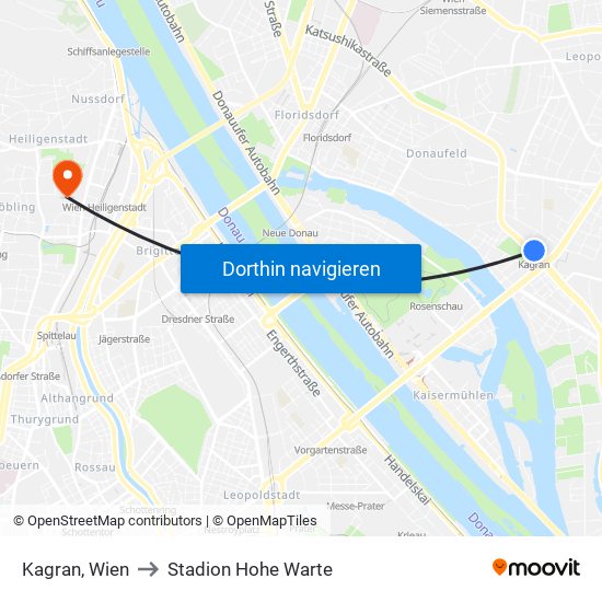 Kagran, Wien to Stadion Hohe Warte map