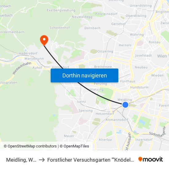 Meidling, Wien to Forstlicher Versuchsgarten ""Knödelhütte"" map