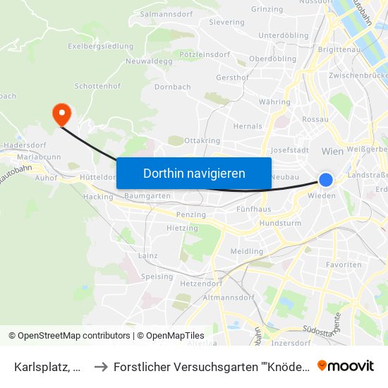 Karlsplatz, Wien to Forstlicher Versuchsgarten ""Knödelhütte"" map