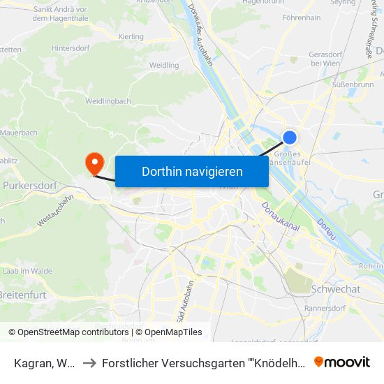 Kagran, Wien to Forstlicher Versuchsgarten ""Knödelhütte"" map
