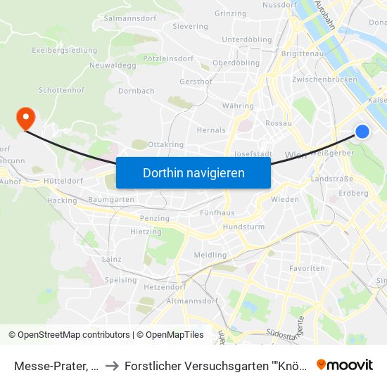 Messe-Prater, Wien to Forstlicher Versuchsgarten ""Knödelhütte"" map