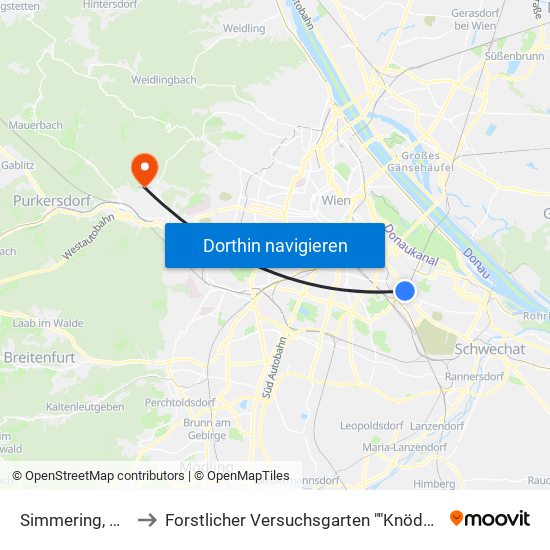 Simmering, Wien to Forstlicher Versuchsgarten ""Knödelhütte"" map