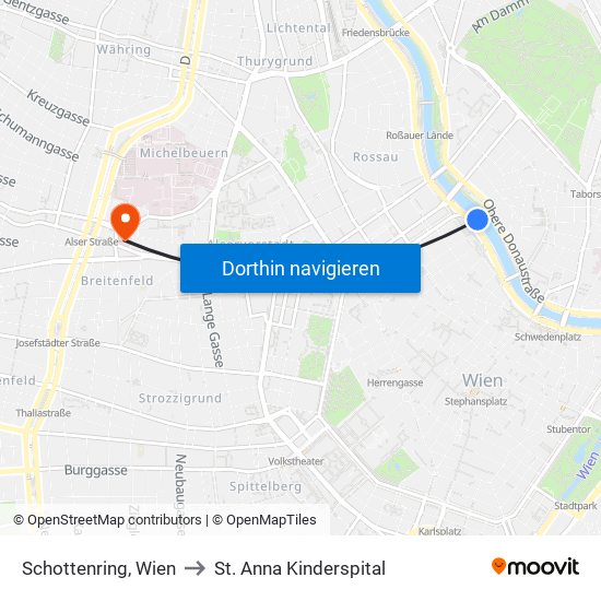 Schottenring, Wien to St. Anna Kinderspital map