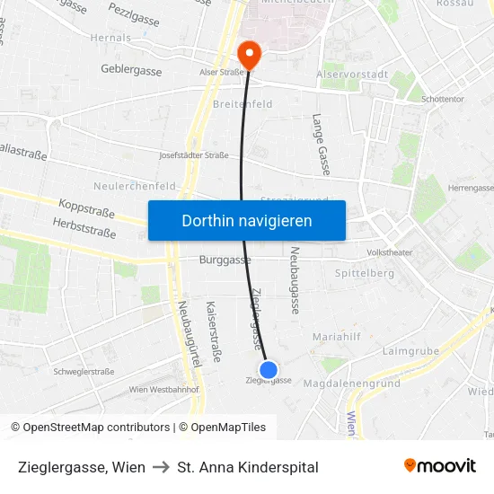 Zieglergasse, Wien to St. Anna Kinderspital map