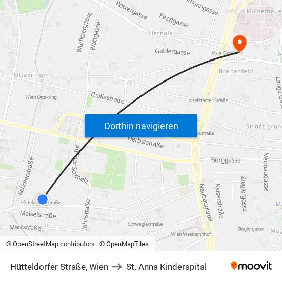 Hütteldorfer Straße, Wien to St. Anna Kinderspital map