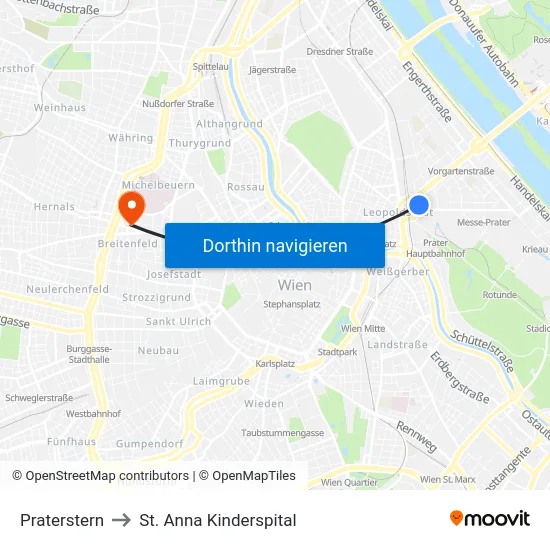 Praterstern to St. Anna Kinderspital map