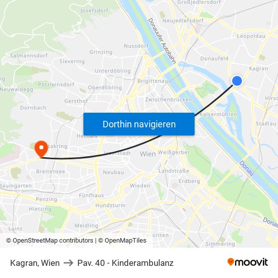 Kagran, Wien to Pav. 40 - Kinderambulanz map