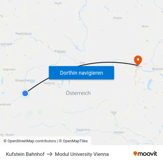 Kufstein Bahnhof to Modul University Vienna map