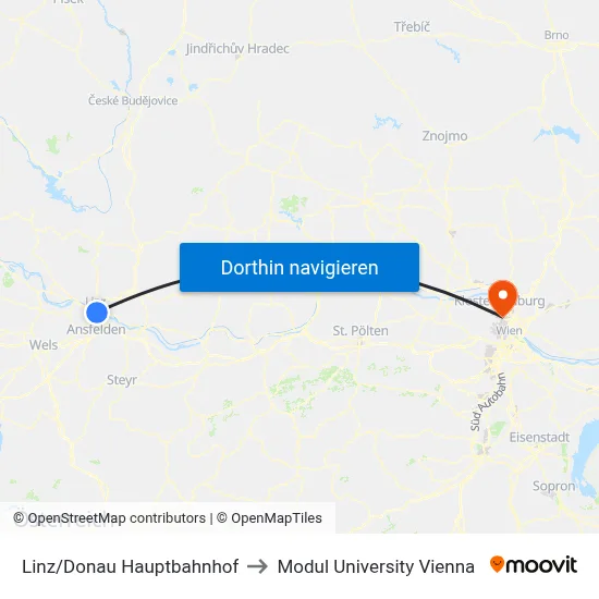 Linz/Donau Hauptbahnhof to Modul University Vienna map