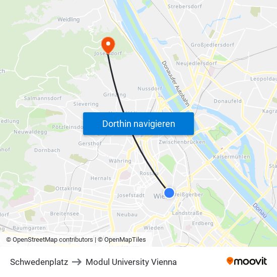 Schwedenplatz to Modul University Vienna map