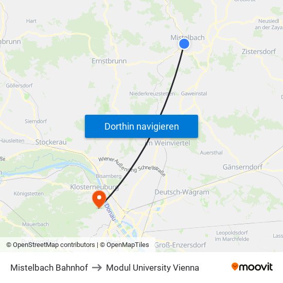 Mistelbach Bahnhof to Modul University Vienna map