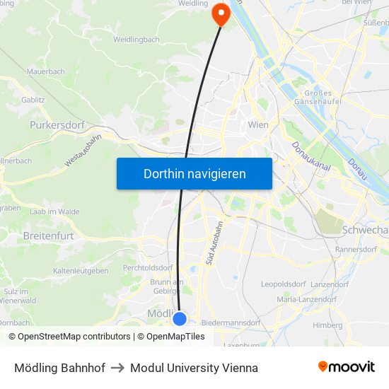 Mödling Bahnhof to Modul University Vienna map