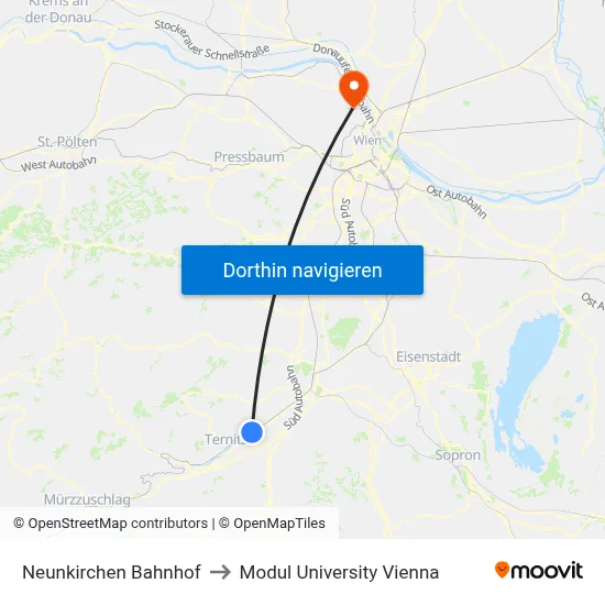 Neunkirchen Bahnhof to Modul University Vienna map