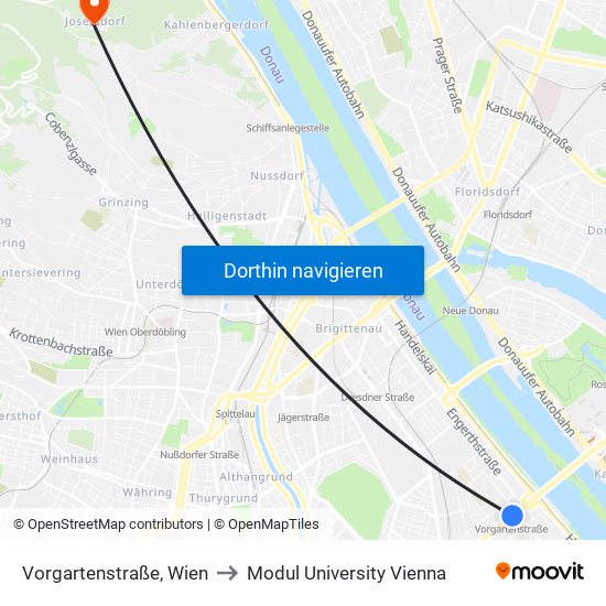 Vorgartenstraße, Wien to Modul University Vienna map