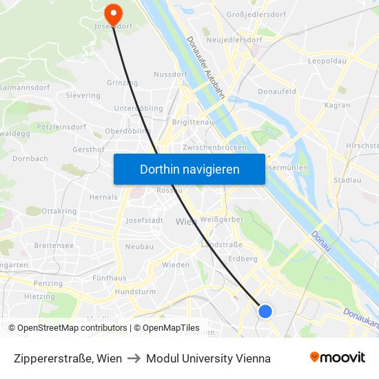 Zippererstraße, Wien to Modul University Vienna map