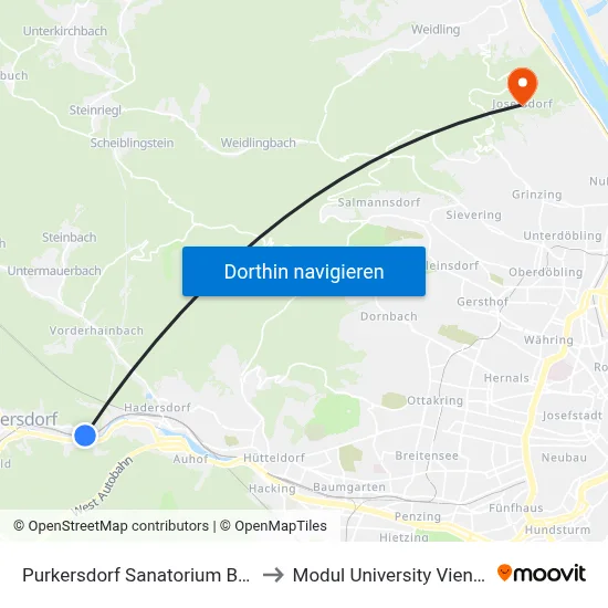 Purkersdorf Sanatorium Bhf. to Modul University Vienna map