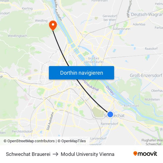 Schwechat Brauerei to Modul University Vienna map