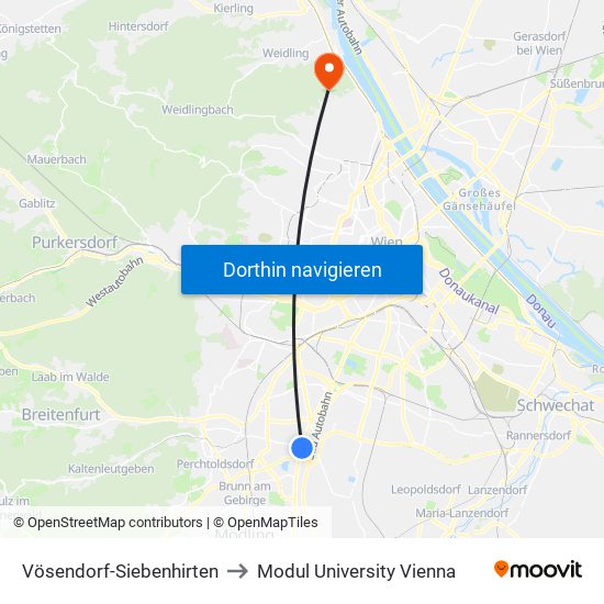 Vösendorf-Siebenhirten to Modul University Vienna map