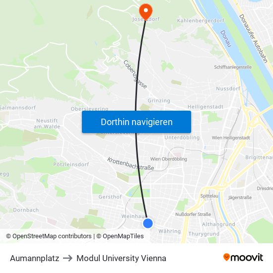 Aumannplatz to Modul University Vienna map