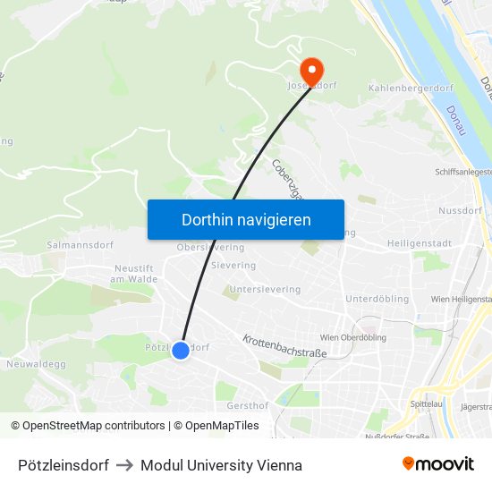 Pötzleinsdorf to Modul University Vienna map