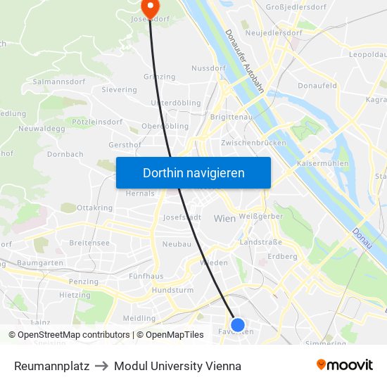 Reumannplatz to Modul University Vienna map